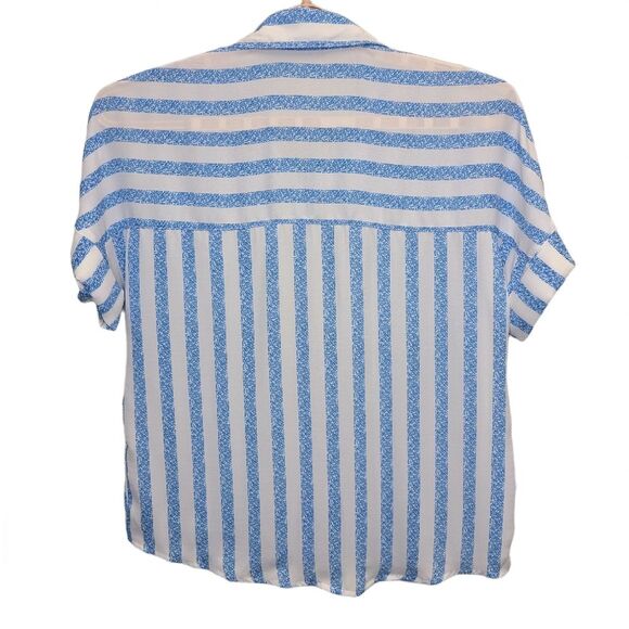 Womens Blue White Striped Print Batwing Sleeve Pocket Blouse Top S - Picture 3 of 11